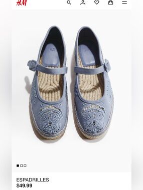 H & M Blue Embroidered Mary Jane Espadrille Flats SZ 38